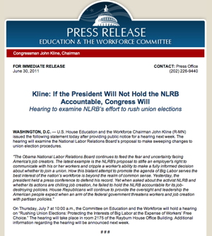 Kline Press Release NLRB Streamlined Elections